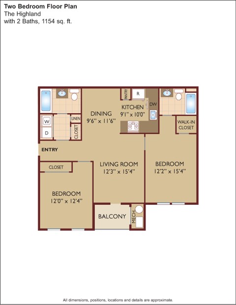 Floor plan for 2 beds, 2 baths, 1155 sqft